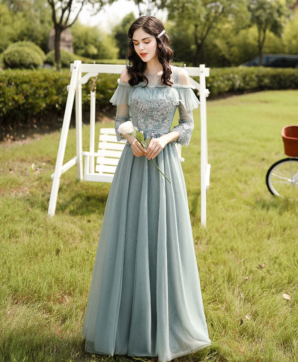 A-Line Illusion Neck Floor-Length Sage Green Tulle Lace Prom Dress with Delicate Floral Appliqué