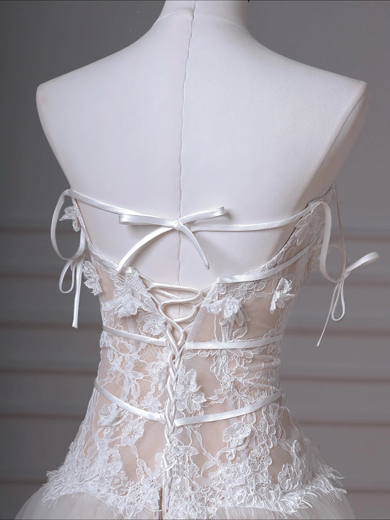 Ivory A-Line Square Neck Floor-Length Tulle Prom Dress with Lace Bodice & Ribbon Waist