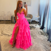 A-Line Sweetheart High-Low Tulle Prom Dress in Hot Pink with Tiered Ruffle Skirt