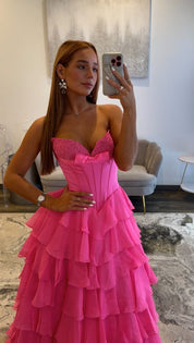 A-Line Sweetheart High-Low Tulle Prom Dress in Hot Pink with Tiered Ruffle Skirt