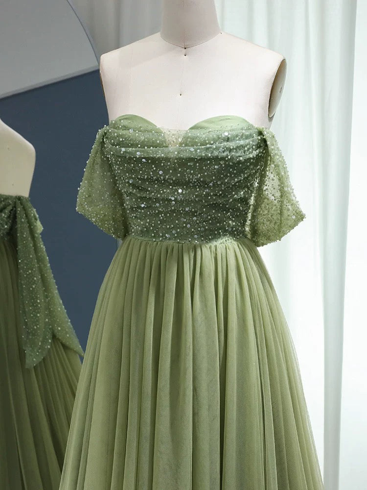 A-Line Off Shoulder Tulle Sequin Green Long Prom Dress with Zipper Back