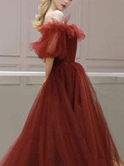 Ball Gown Off-the-Shoulder Floor-Length Burgundy Tulle Romantic Prom Dress