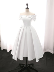 A-Line Off Shoulder Satin Tea Length Blue Prom Dress, Blue Formal Dress