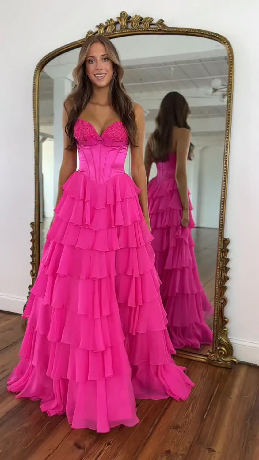 A-Line Sweetheart High-Low Tulle Prom Dress in Hot Pink with Tiered Ruffle Skirt