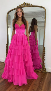 A-Line Sweetheart High-Low Tulle Prom Dress in Hot Pink with Tiered Ruffle Skirt