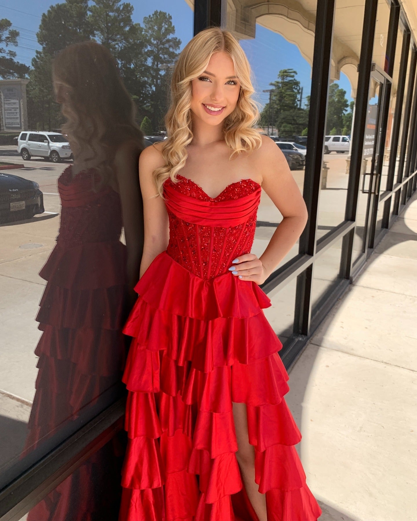 A-Line Sweetheart Neck Floor-Length Satin Prom Dress with Tiered Ruffle Skirt and High Slit