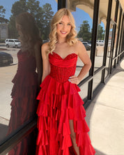 A-Line Sweetheart Neck Floor-Length Satin Prom Dress with Tiered Ruffle Skirt and High Slit