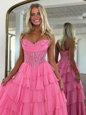 A-Line Sweetheart Floor-Length Hot Pink Chiffon Tiered Ruffle Prom Dress