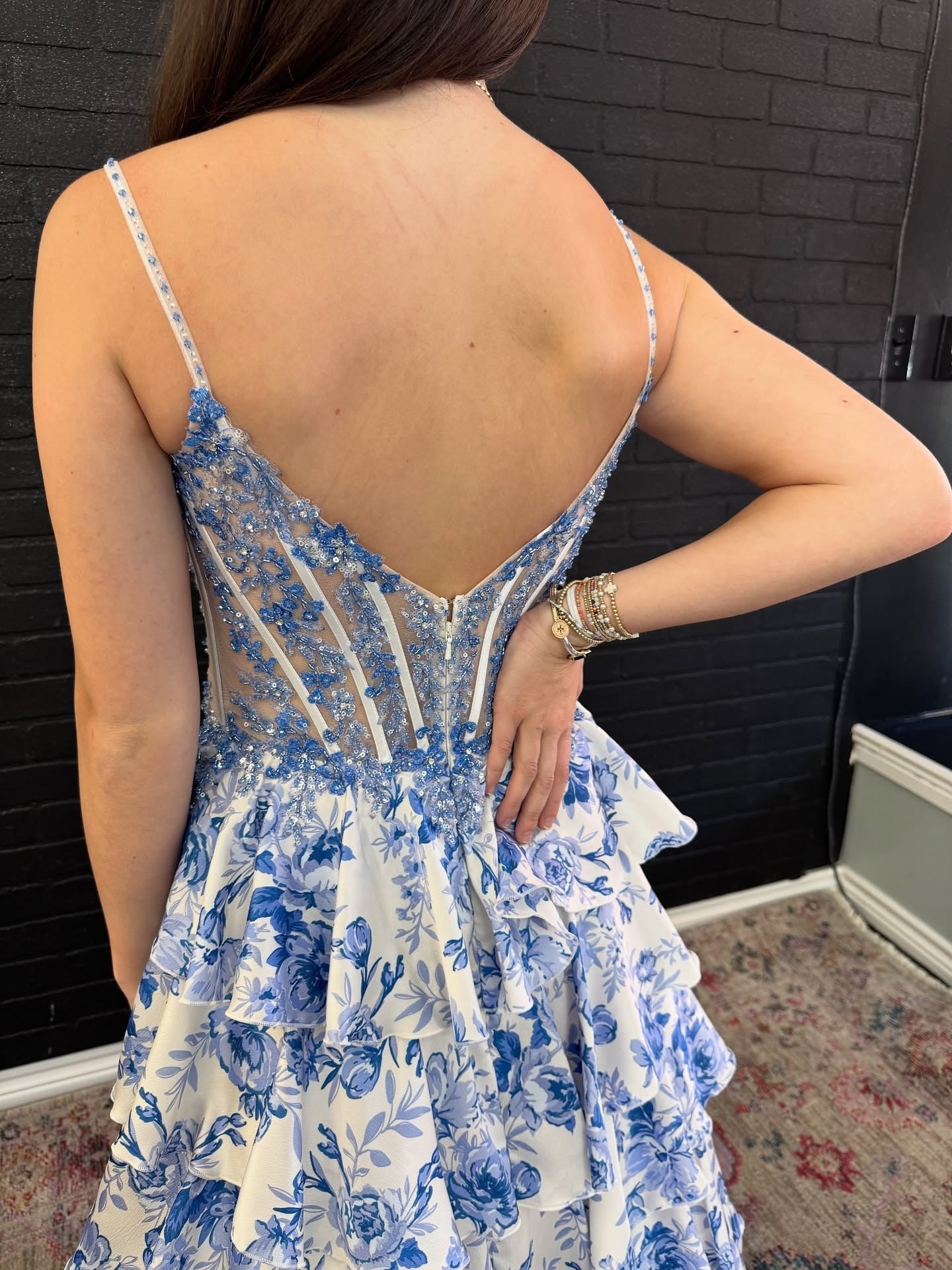 A-Line Sweetheart High-Low Chiffon Prom Dress in Blue Floral with Tiered Ruffles