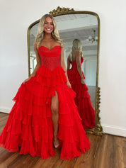 A-Line Sweetheart Floor-Length Hot Pink Chiffon Tiered Ruffle Prom Dress