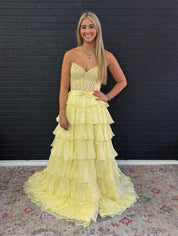 A-Line Sweetheart Floor-Length Blush Pink Lace High-Low Prom Dress with Tiered Ruffle Skirt
