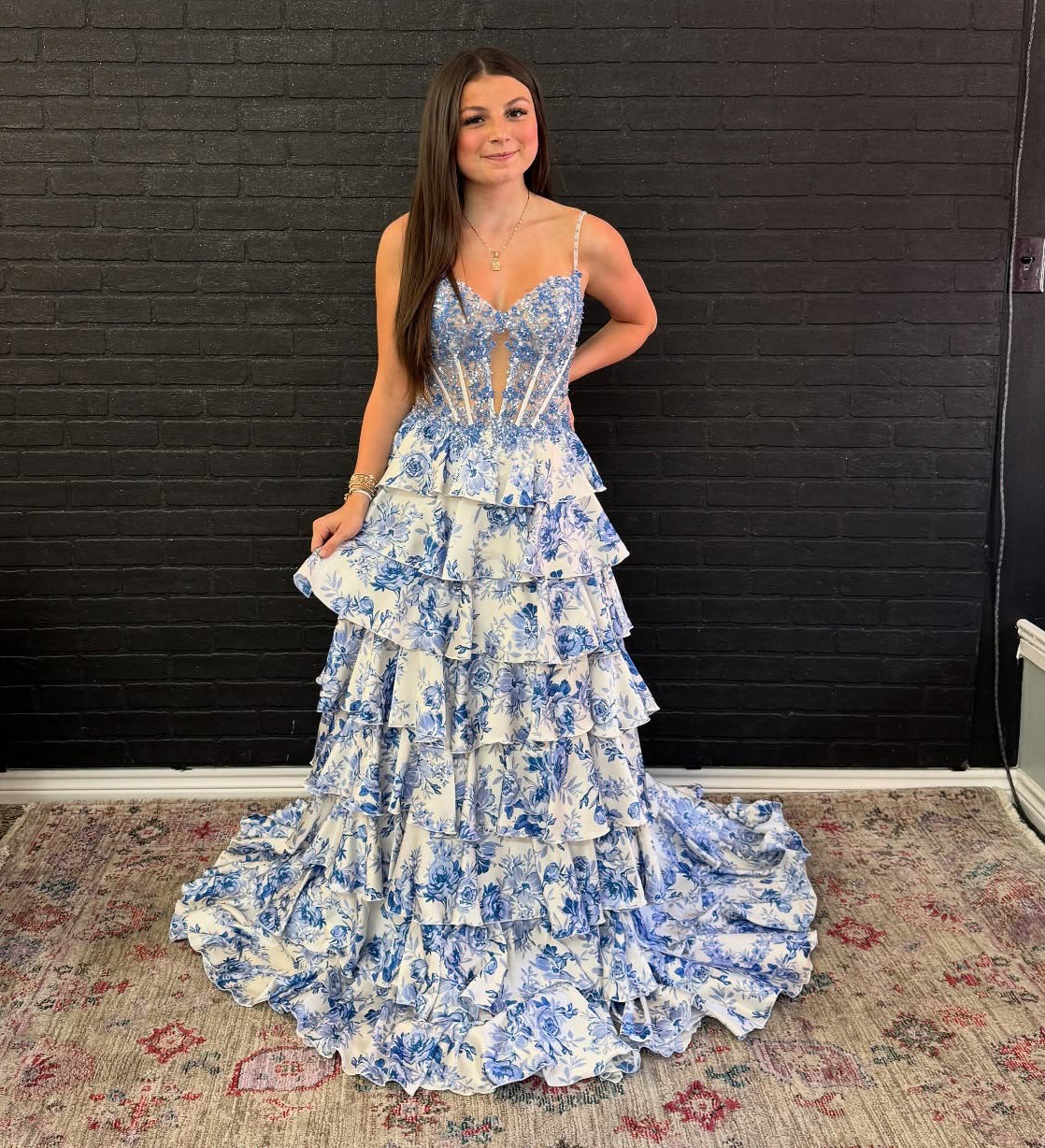 A-Line Sweetheart High-Low Chiffon Prom Dress in Blue Floral with Tiered Ruffles