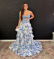 A-Line Sweetheart High-Low Chiffon Prom Dress in Blue Floral with Tiered Ruffles