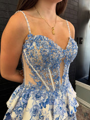 A-Line Sweetheart High-Low Chiffon Prom Dress in Blue Floral with Tiered Ruffles