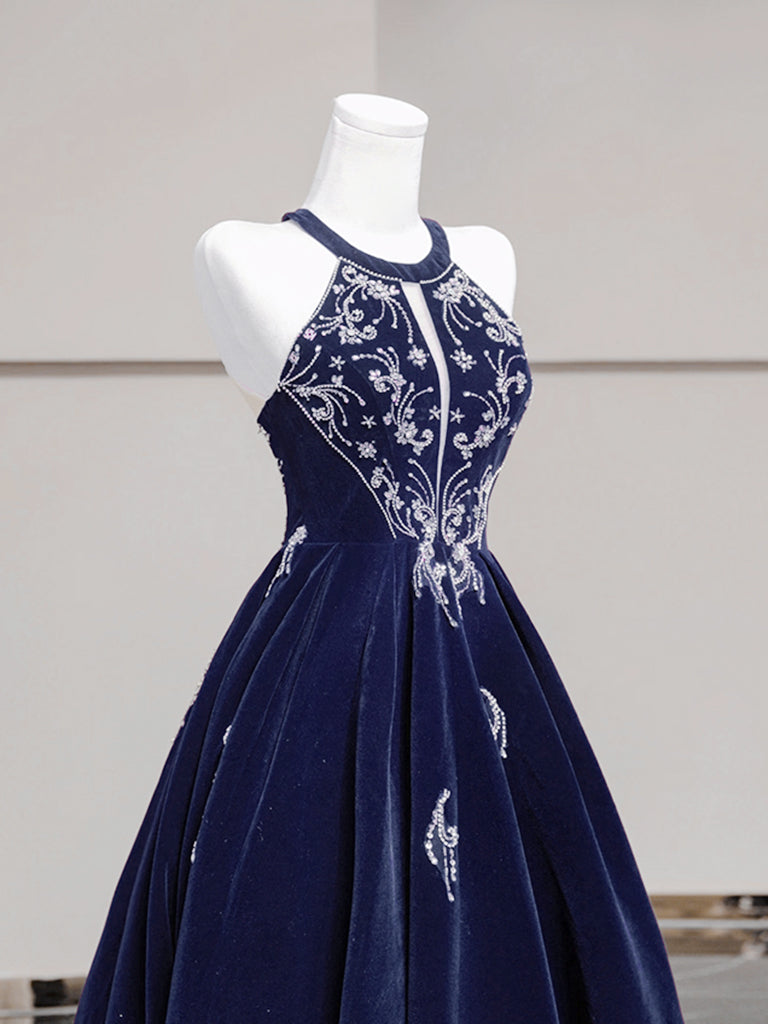 A-Line Halter Neck Knee-Length Navy Velvet Homecoming Dress with Beaded Embroidery