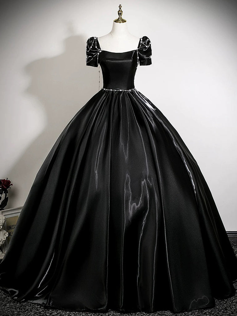 A-Line Puff Sleeves Dark Blue Long Prom Dress with Lace-Up Back