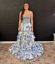 A-Line Sweetheart High-Low Chiffon Prom Dress in Blue Floral with Tiered Ruffles