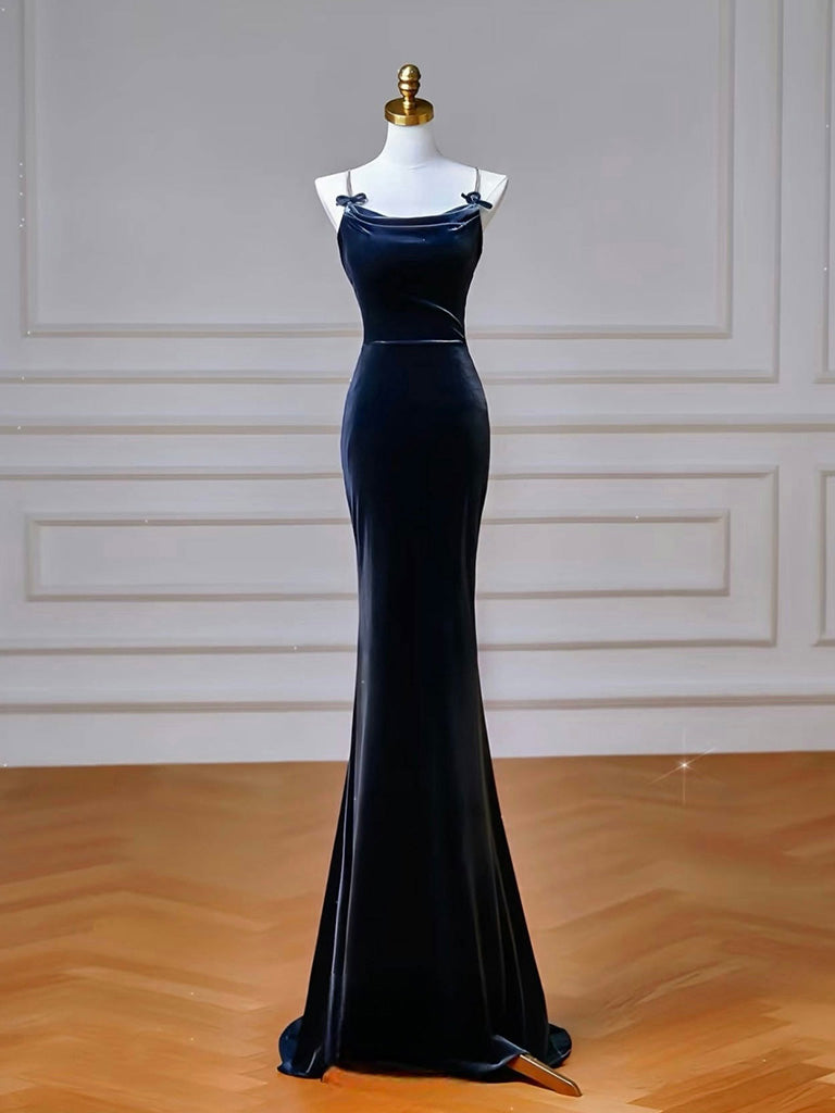 Simple Mermaid Velvet Dark Blue Long Prom Dress, Dark Blue Long Formal Dress
