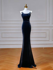 Simple Mermaid Velvet Dark Blue Long Prom Dress, Dark Blue Long Formal Dress