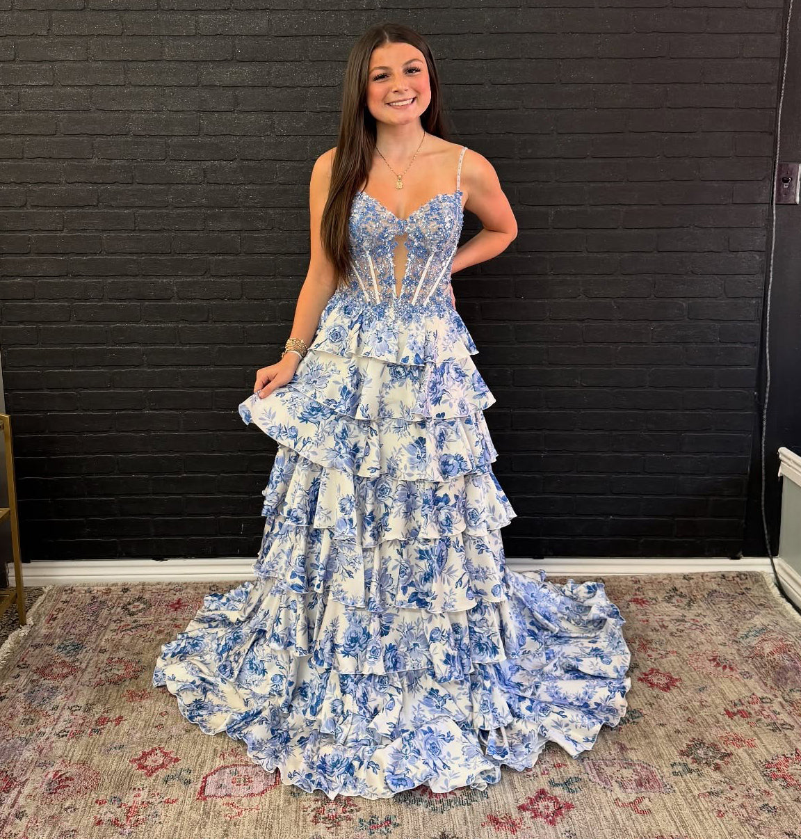 A-Line Sweetheart High-Low Chiffon Prom Dress in Blue Floral with Tiered Ruffles