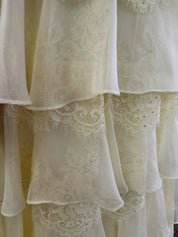 A-Line Sweetheart Floor-Length Blush Pink Lace High-Low Prom Dress with Tiered Ruffle Skirt