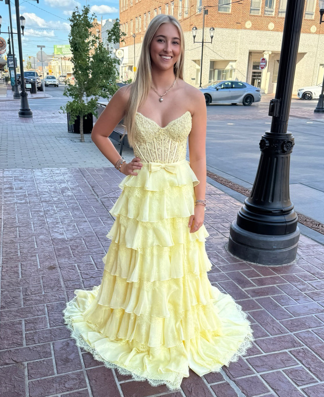 A-Line Sweetheart Floor-Length Blush Pink Lace High-Low Prom Dress with Tiered Ruffle Skirt