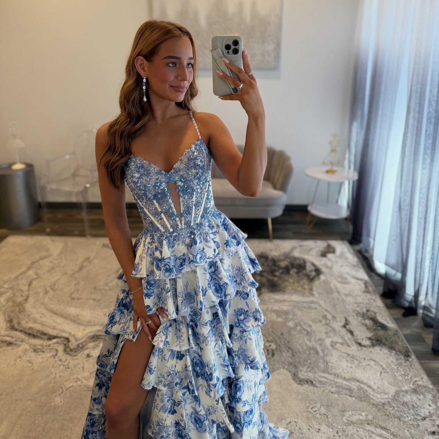 A-Line Sweetheart High-Low Chiffon Prom Dress in Blue Floral with Tiered Ruffles
