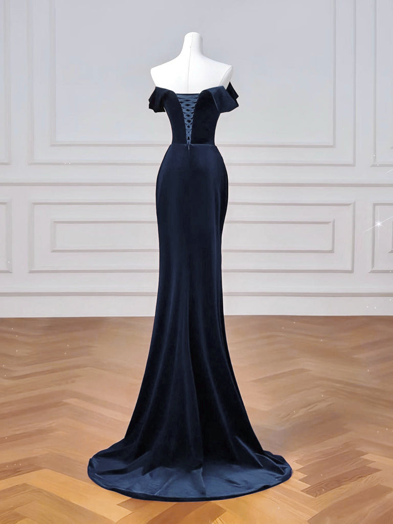 Mermaid Off-the-Shoulder Floor-Length Navy Velvet Prom Dress with Draped Bodice