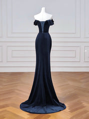 Mermaid Off-the-Shoulder Floor-Length Navy Velvet Prom Dress with Draped Bodice