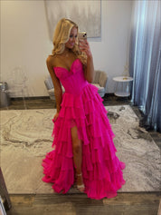 A-Line Sweetheart High-Low Tulle Prom Dress in Hot Pink with Tiered Ruffle Skirt
