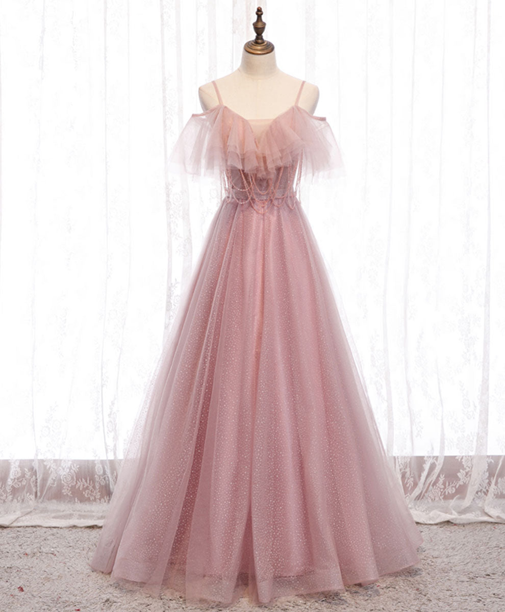 A-Line Blush Pink Spaghetti Straps Floor-Length Tulle Beaded Prom Dress with Ruffled Bodice