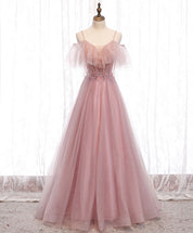 A-Line Blush Pink Spaghetti Straps Floor-Length Tulle Beaded Prom Dress with Ruffled Bodice