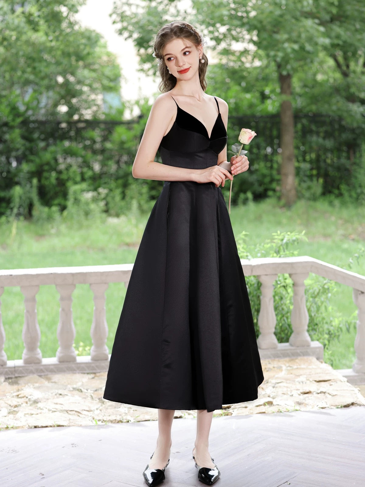 A-Line V Neck Tea-Length Black Satin Minimalist Homecoming Dress