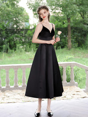 A-Line V Neck Tea-Length Black Satin Minimalist Homecoming Dress