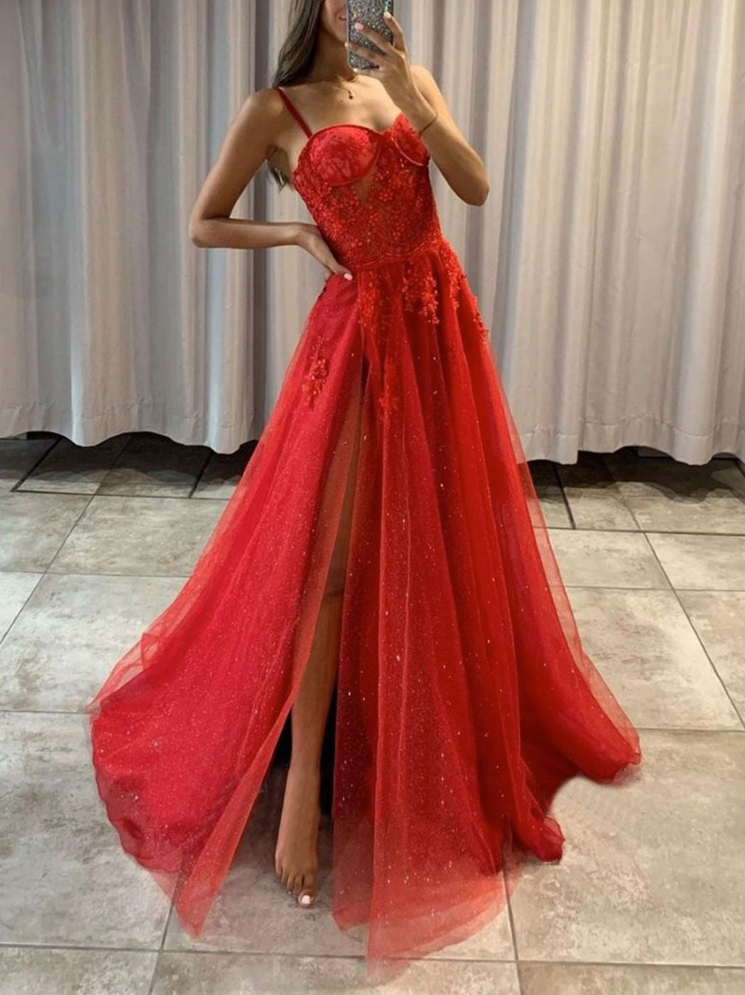 A-Line Sweetheart Floor-Length Red Tulle Prom Dress with Beaded Bodice and High Slit