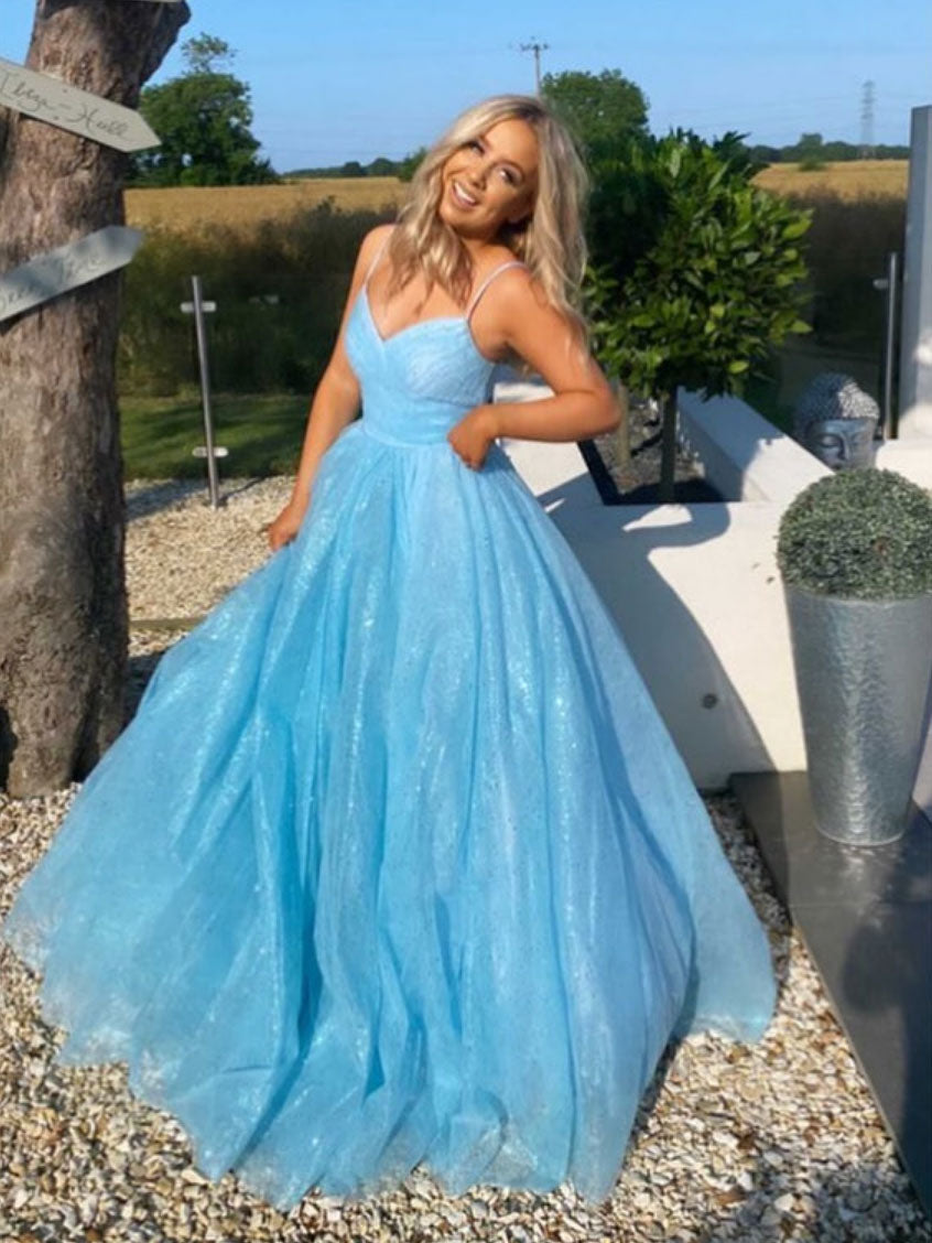 A-Line Sweetheart Neck Floor-Length Light Blue Tulle Sparkle Prom Dress
