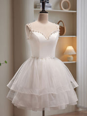 A-Line Sweetheart Mini Ivory Tulle Homecoming Dress with Pearl Embellished Straps