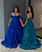 Ball Gown Sweetheart Neck Floor-Length Royal Blue Chiffon Tiered Prom Dress
