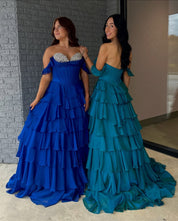 Ball Gown Sweetheart Neck Floor-Length Royal Blue Chiffon Tiered Prom Dress