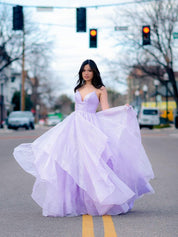 A-Line V-Neck Floor-Length Glitter Tulle Layered Prom Dress
