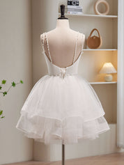 A-Line Sweetheart Mini Ivory Tulle Homecoming Dress with Pearl Embellished Straps