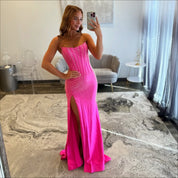 Sheath Strapless Floor-Length Hot Pink Satin Prom Dress with Corset Bodice and High Slit