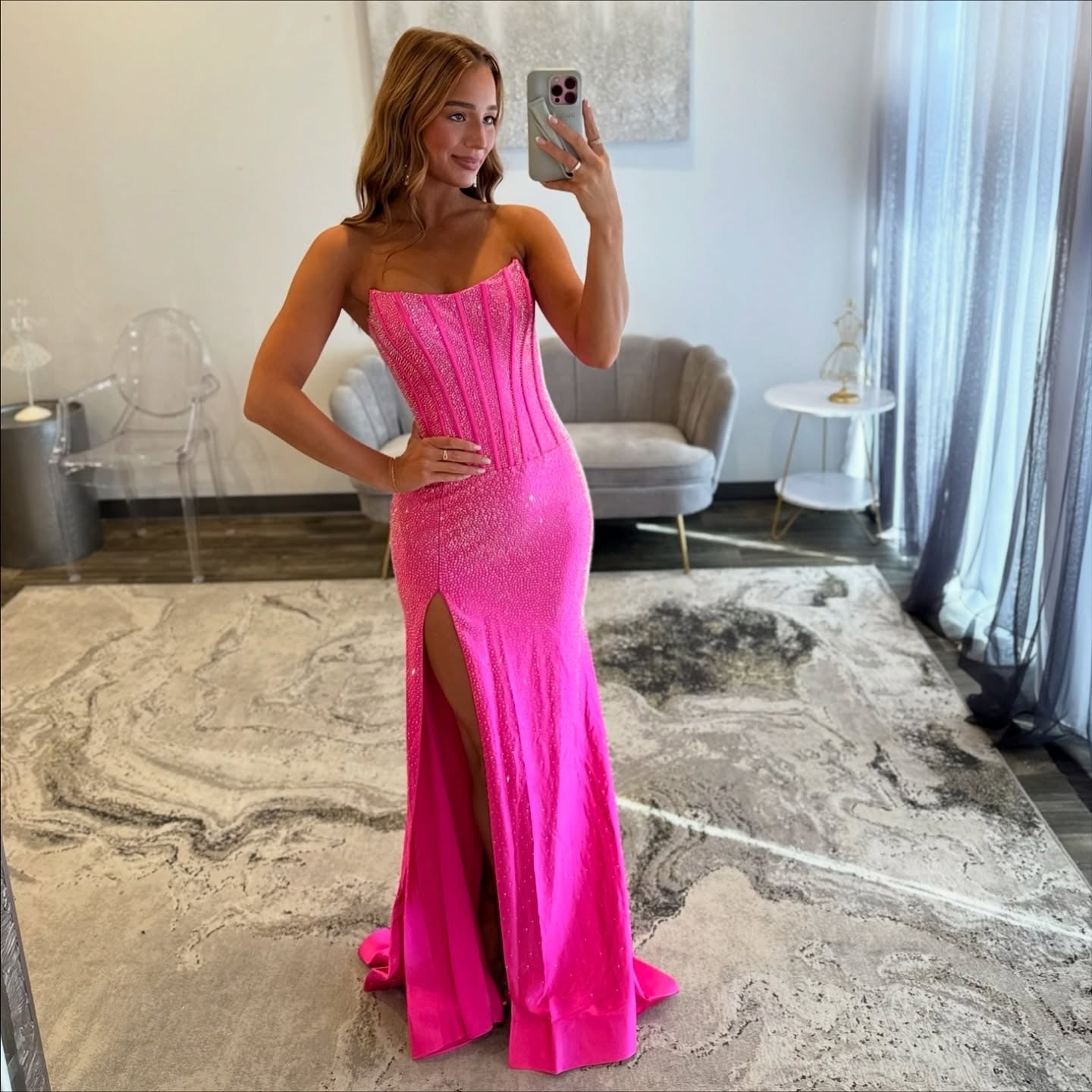 Sheath Strapless Floor-Length Hot Pink Satin Prom Dress with Corset Bodice and High Slit