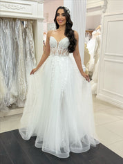 A-Line Sweetheart Neck Floor-Length Tulle Prom Dress with Beaded Corset Bodice