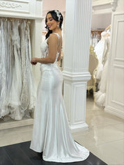 Sheath V-Neck Floor-Length Satin Prom Dress with Lace Corset Bodice and Slit