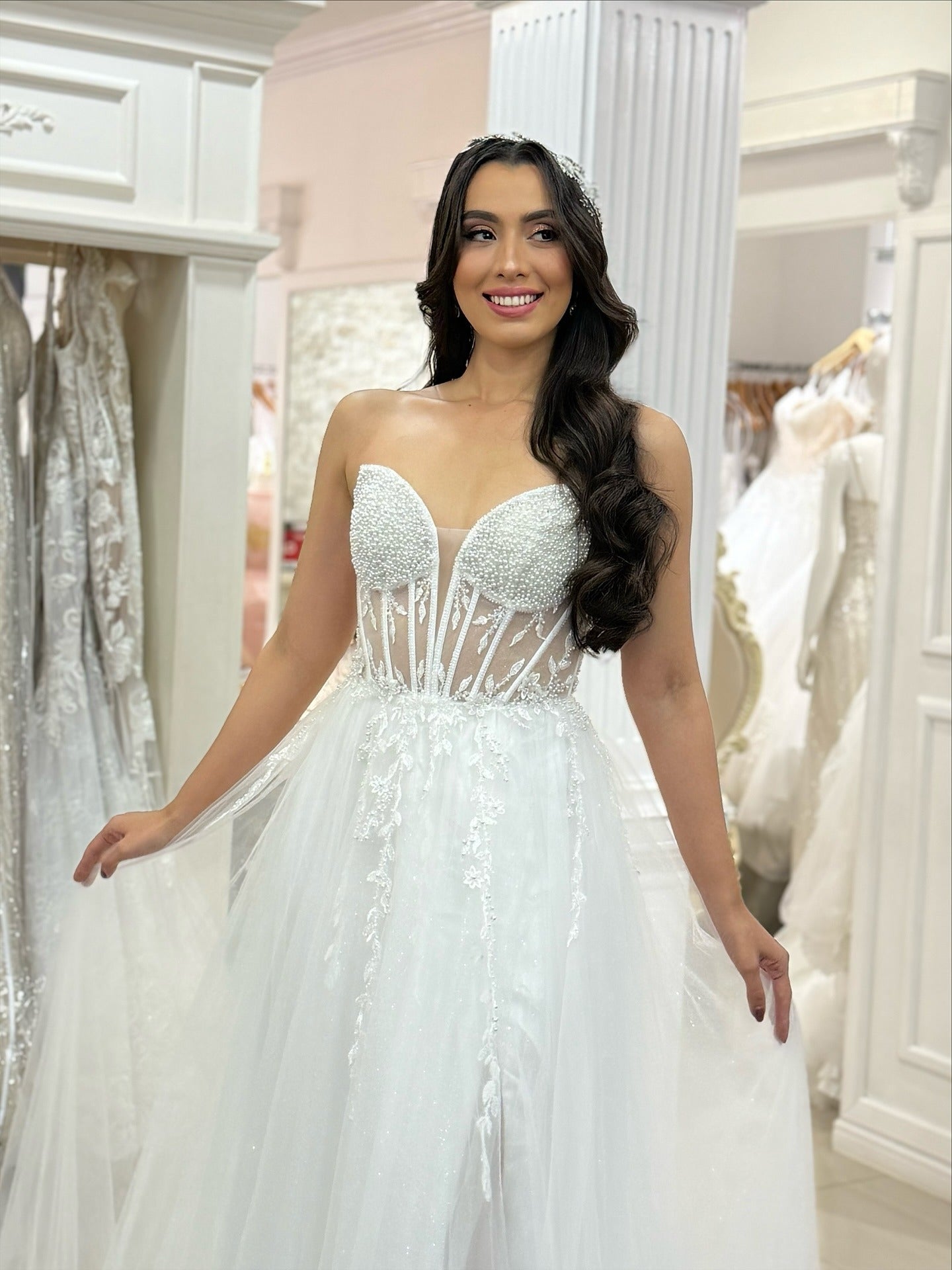 A-Line Sweetheart Neck Floor-Length Tulle Prom Dress with Beaded Corset Bodice