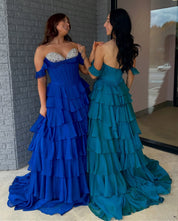 Ball Gown Sweetheart Neck Floor-Length Royal Blue Chiffon Tiered Prom Dress