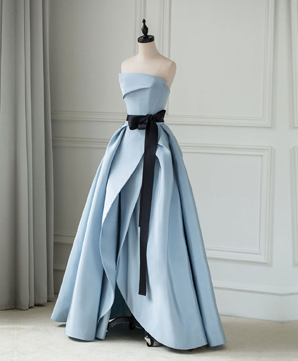 A-Line Straight Neck Floor-Length Light Blue Satin Prom Dress with Bow Accent