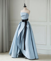 A-Line Straight Neck Floor-Length Light Blue Satin Prom Dress with Bow Accent