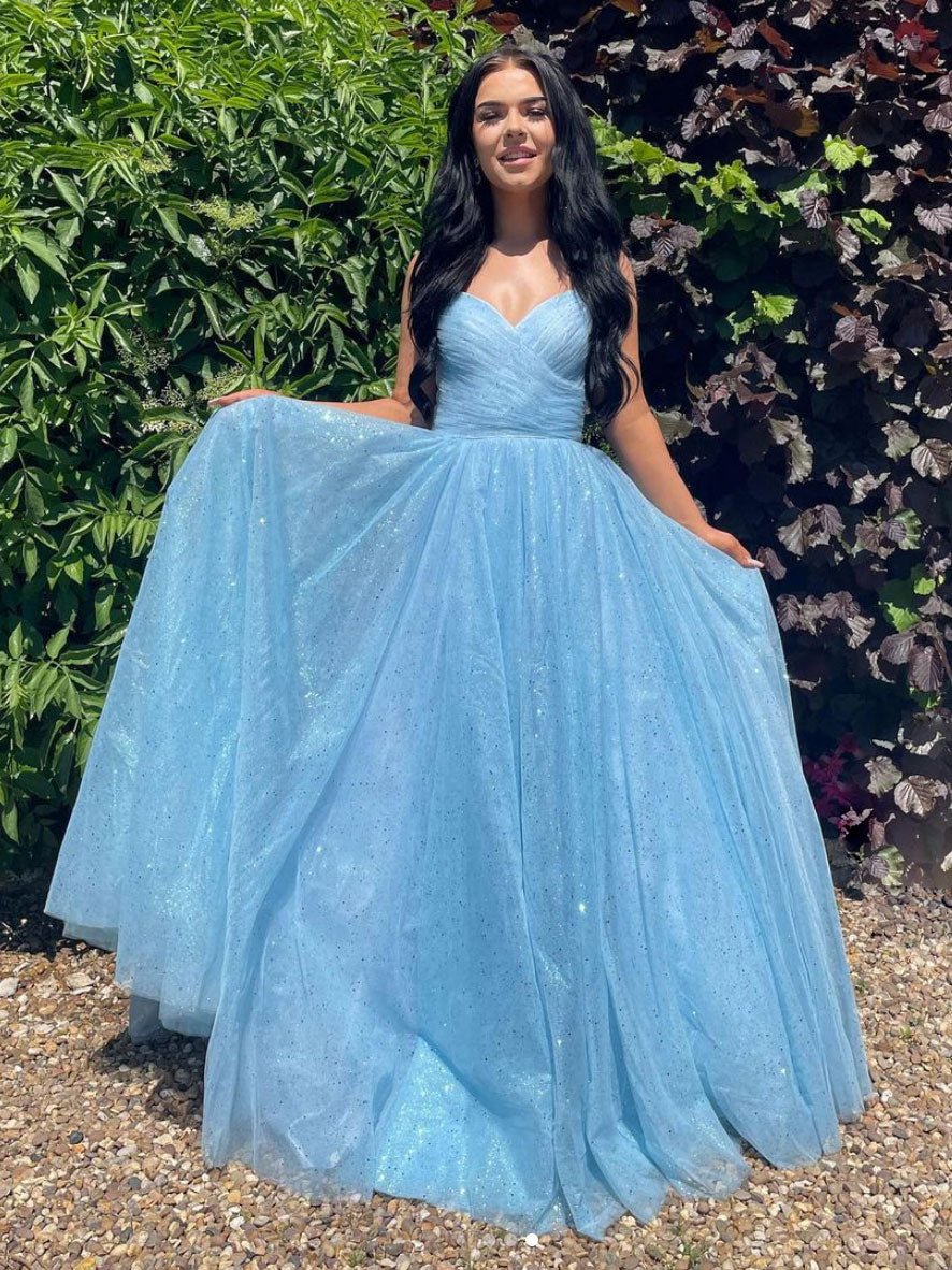 A-Line Sweetheart Neck Floor-Length Light Blue Tulle Sparkle Prom Dress